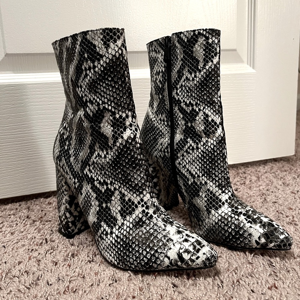 PrettyLittleThing Faux Snake Skin Block Heel Boots